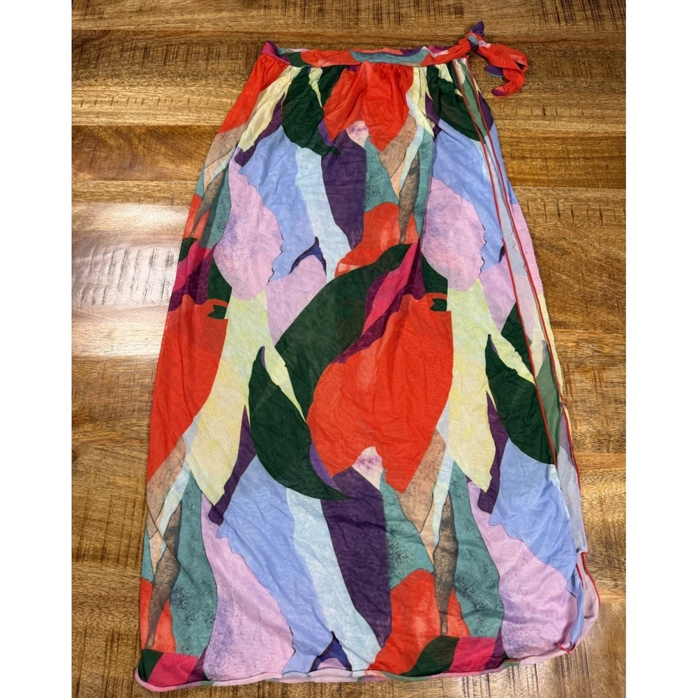 Women Sheer Mesh Maxi Skirt Colorful Abstract Print Size S Beach Cover Up